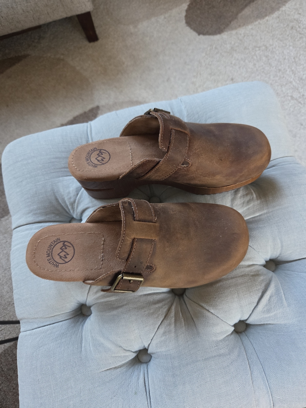 White Mountain Brown Leather Buckle Clog Mule with Adjustable Strap